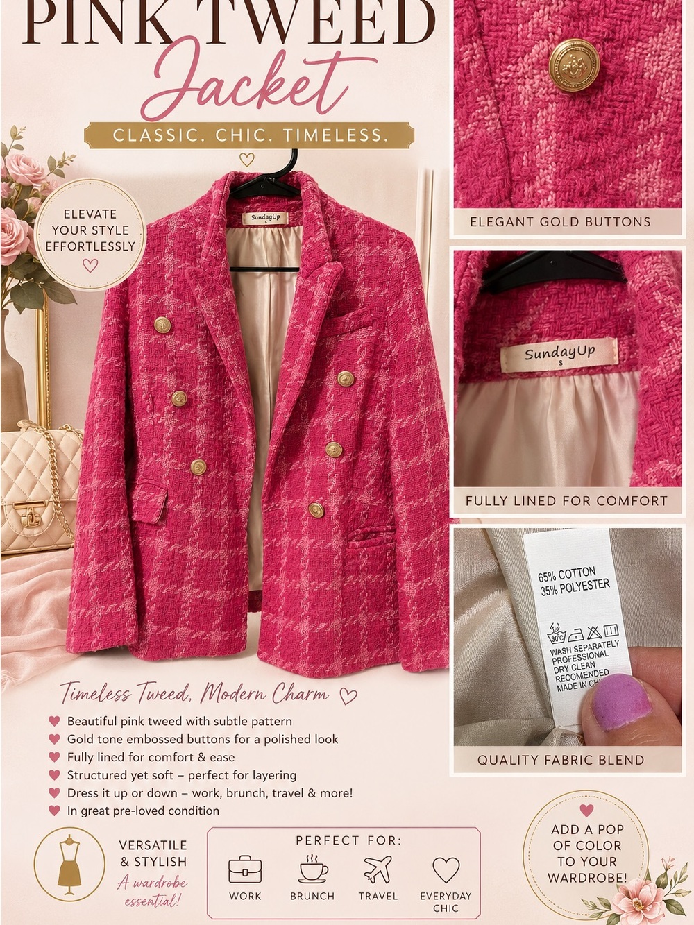 Sunday Pink Tweed Double-Breasted Blazer with Gold Buttons Size - Small